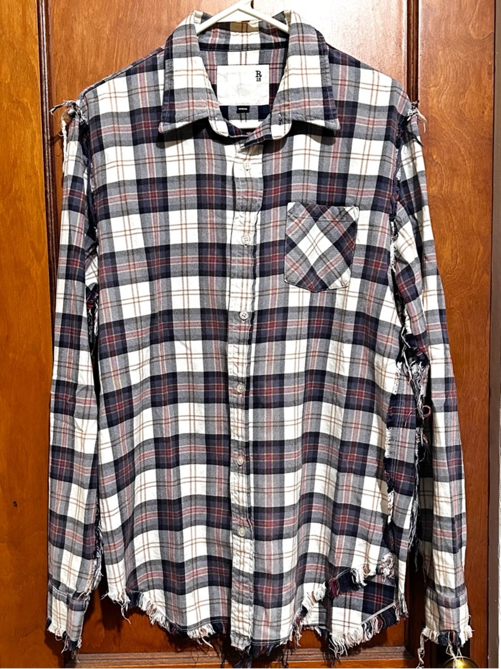 R13 Distressed Plaid White, Blue, Red/Pink, Gold Shredded Flannel